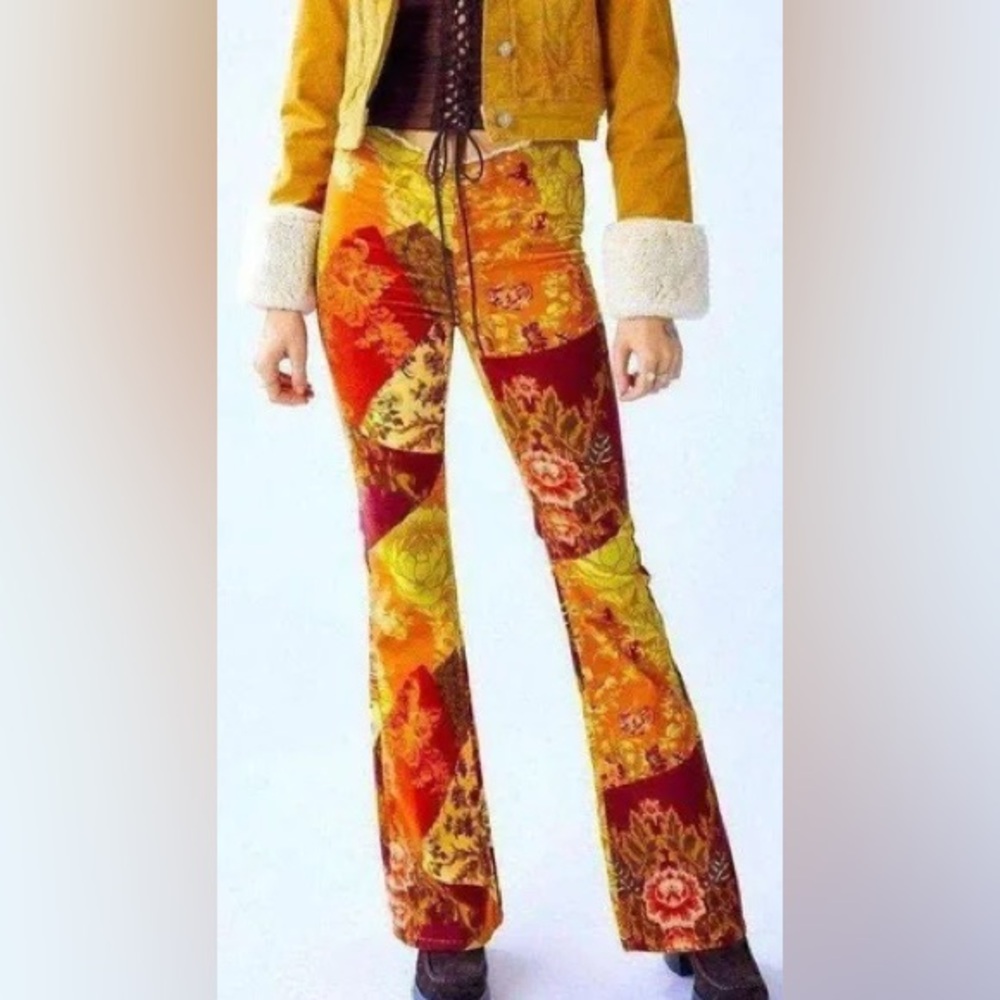 Urban Outfitters Velvet Patchwork Floral Ruched V-Front Holiday Pant